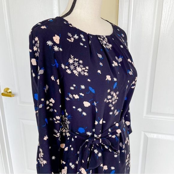 Ann Taylor Sz 0 Black and Blue Round Ruffled Neck Long Sleeves Knee Length Dress - Picture 6 of 12